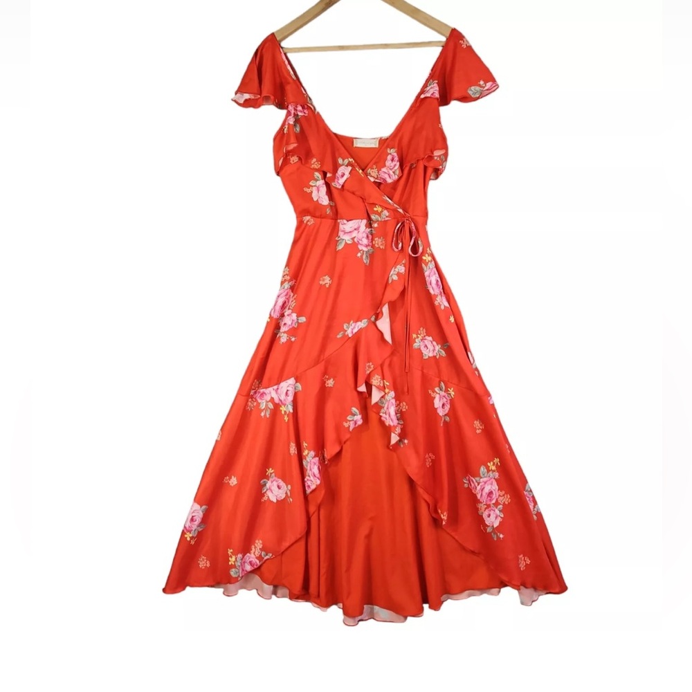 Altar'd State Women's Red  Floral Satin Maxi  V-Neck High Low NWOT size L